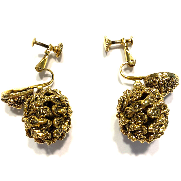 Vintage Jewelry - Vintage Mid Century Clip On Earrings Gold Textured Ball Drop & Dangle Hollywood